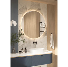 Salle de bain moderne avec miroir rond, lavabo et meuble bas en bleu