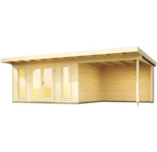 Holzgartenhaus mit überdachter Veranda und Fenstertüren