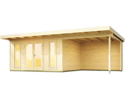 Holzgartenhaus mit überdachter Veranda und Fenstertüren