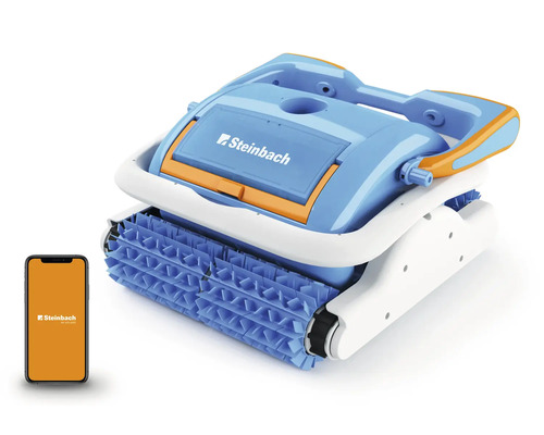 Robot de nettoyage de piscine avec brosses et smartphone avec le logo Steinbach