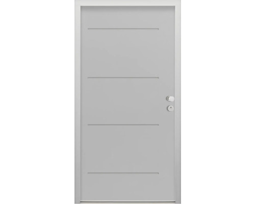 Porte d'entrée de logement Splendoor L1 acier 950x2060 mm RAL 7042 gris signalisation DIN droite (ouvrant vers l'intérieur) RC 2 avec kit de ferrures et cylindre profilé avec 3 clés, vis de montage Porte intérieure moderne avec quatre rainures décoratives horizontales