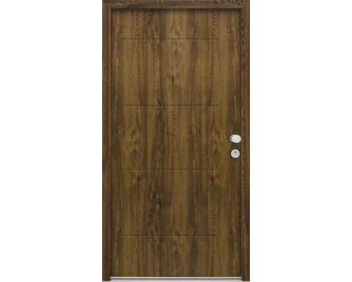 Holztür mit horizontalen Rillen, Türbeschlag und Schlüsselloch