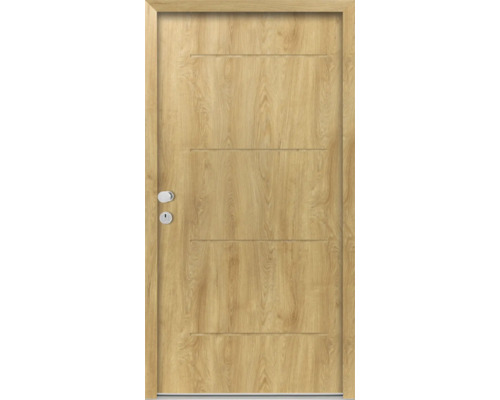 Holztür mit horizontalen Zierlinien, Türbeschlag
