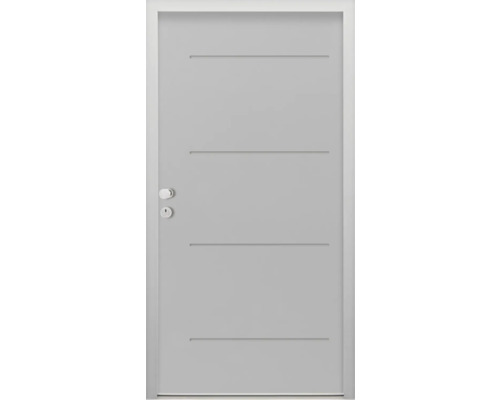 Porte d'entrée de logement Splendoor L1 acier 970x2060 mm RAL 7042 gris signalisation DIN gauche (ouvrant vers l'intérieur) RC 2 avec kit de ferrures et cylindre profilé avec 3 clés, vis de montage Porte intérieure lisse avec quatre rainures et poignée de porte