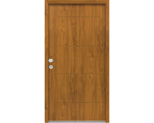 Porte d'entrée de logement Splendoor L1 acier 1020x2060 mm Golden Oak DIN gauche (ouvrant vers l'intérieur) RC 2 avec kit de ferrures et cylindre profilé avec 3 clés, vis de montage Porte en bois avec fraisages décoratifs horizontaux, poignée de porte et serrure