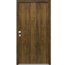 Zimmertür aus Holz mit horizontalen Zierlinien und Türdrücker