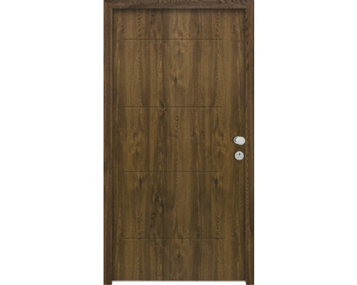 Porte d'entrée de logement Splendoor L1 acier 1020x2060 mm noyer DIN droite (ouvrant vers l'intérieur) RC 2 avec kit de ferrures et cylindre profilé avec 3 clés, vis de montage Porte en bois avec garniture de porte