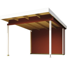 Holzunterstand mit roter Holzverkleidung und weißem Dach