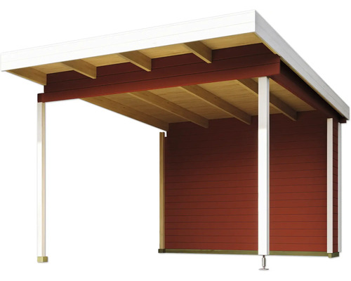 Dachverlängerung Outdoor Life für Gartenhaus Sicily 310 x 440 cm schwedischrot Holzunterstand mit roter Holzverkleidung und weißem Dach