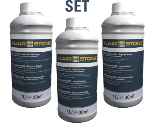 FLAIRSTONE Reinigungs- und Pflegeset (Grundreiniger 1 l, Neutralisator 1 l & Imprägnierung 1 l) FLAIRSTONE Reinigungs- und Pflegeset (Grundreiniger 1 l, Neutralisator 1 l & Imprägnierung 1 l)
