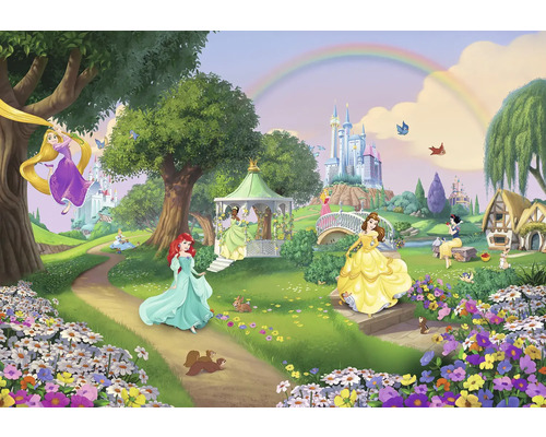 Papier peint panoramique intissé SD449 Disney Princess Rainbow 8 pces 368 x 254 cm Illustration avec plusieurs princesses Disney dans un paysage de jardin avec château et arc-en-ciel