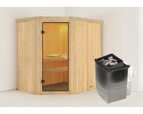 Sauna modulaire Karibu Carina avec poêle 9 kW et commande intégrée sans couronne avec porte entièrement vitrée coloris bronze Sauna modulaire Karibu Carina avec poêle 9 kW et commande intégrée sans couronne avec porte entièrement vitrée coloris bronze