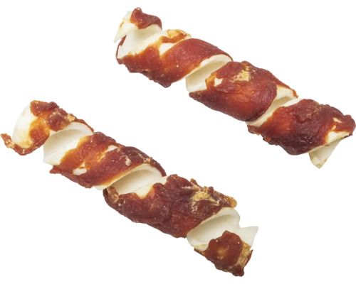 Zwei gedrehte Hundekauartikel mit Fleischgeschmack