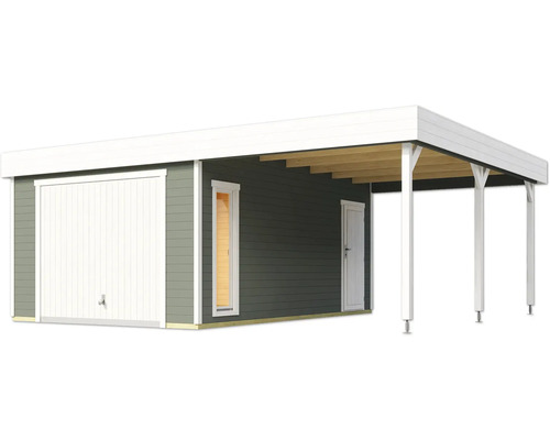 Holzgarage mit Carport, Tür, Fenster und Garagentor