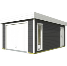 Abri de jardin avec porte de garage, fenêtre et porte latérale