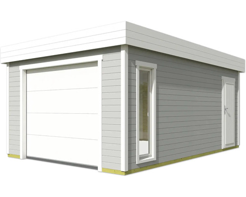 Graues Gerätehaus mit Garagentor, Fenster und Seitentür