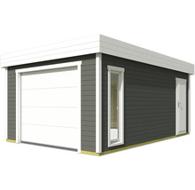 Garage moderne en bois avec porte sectionnelle, fenêtre et porte latérale