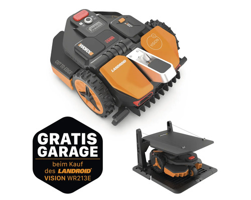 Tondeuse robot sans fil WORX 20V Landroid Vision L1300 22cm/1300m² avec application, sans câble périphérique WR213E, avec batterie 4Ah et station de charge + GRATUIT garage WA0825