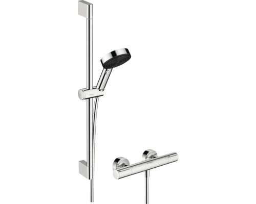 Robinet de douche avec thermostat hansgrohe PULSIFY SELECT S 105 3JET RELAXATION ECOSMART chrome y compris ensemble de barre de douche 65 cm 24272000