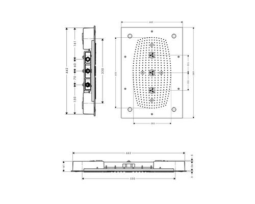 Technische Zeichnung einer Kopfbrause mit Maßangaben