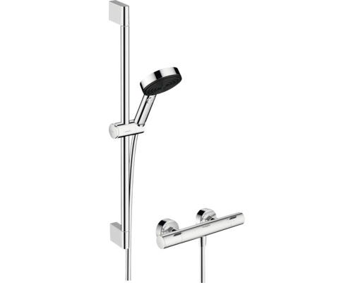 Robinet de douche avec thermostat hansgrohe PULSIFY SELECT S 105 3JET RELAXATION ECOSMART chrome y compris ensemble de barre de douche 65 cm 24262000