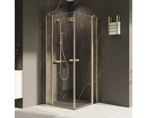 Douche accès d’angle avec porte pivotante BREUER Elana 2.0 ronde 100 x 100 cm profilé gold verre transparent Douche accès d’angle avec porte pivotante BREUER Elana 2.0 ronde 100 x 100 cm profilé gold verre transparent
