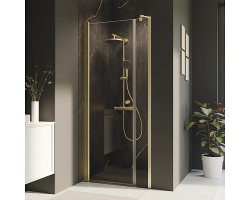 Porte de douche dans une niche avec porte pivotante sur partie fixe BREUER Elana 2.0 ronde 120 cm profilé gold verre transparent tirant droite Porte de douche dans une niche avec porte pivotante sur partie fixe BREUER Elana 2.0 ronde 120 cm profilé gold verre transparent tirant droite
