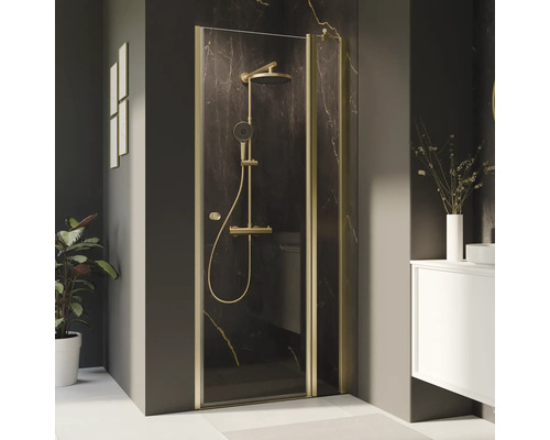 Porte de douche dans une niche avec porte pivotante avec partie fixe BREUER Elana 2.0 ronde 100 cm profilé gold verre transparent tirant droite Porte de douche dans une niche avec porte pivotante avec partie fixe BREUER Elana 2.0 ronde 100 cm profilé gold verre transparent tirant droite