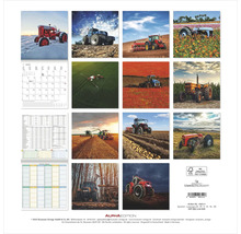 Wandkalender mit Traktormotiven, Kalendarium und FSC-Mix-Siegel.