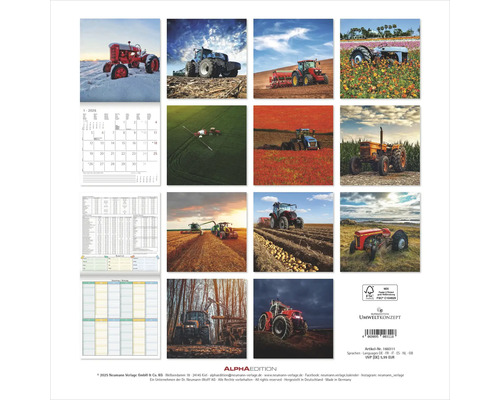 Wandkalender mit Traktormotiven, Kalendarium und FSC-Mix-Siegel.