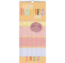 Wandkalender Unser buntes Jahr 2026 mit fünf Spalten für Notizen, Mondphasen, Ferien und Kalenderwochen