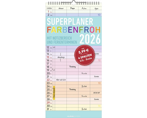 Familienplaner Farbenfroh 2026 22x45 cm Bunter Familienplaner mit Notizbereich und Ferienkalender für das Jahr 2026