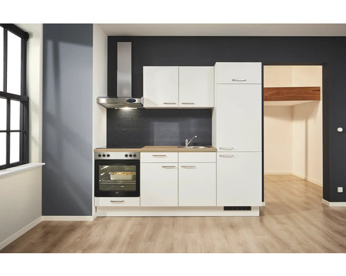 Cuisine intégrée compacte avec évier, cuisinière, hotte aspirante et éléments hauts dans un appartement aménagé moderne.