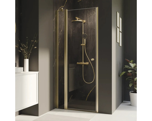 Porte de douche dans une niche avec porte pivotante avec partie fixe BREUER Elana 2.0 ronde 100 cm profilé gold verre transparent tirant gauche Porte de douche dans une niche avec porte pivotante avec partie fixe BREUER Elana 2.0 ronde 100 cm profilé gold verre transparent tirant gauche