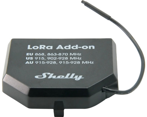 Shelly Logo LoRa Add-on mit EU 868, 863-870 Megahertz, US 915, 902-928 Megahertz und AU 915-928, 915-928 Megahertz Frequenzband