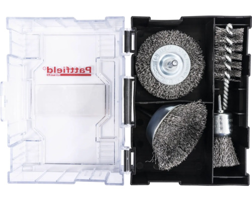 Set de brosses avec brosses métalliques dans une boîte de rangement