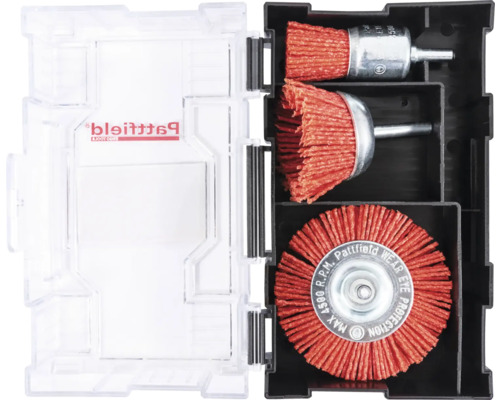 Set de brosses métalliques Pattfield avec trois brosses dans une boîte en plastique