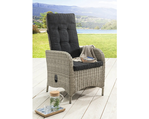 Gartenstuhl Destiny Palma vintage weiß, Polyrattan + Aluminium, Rückenlehne verstellbar Geflochtener Sessel mit hoher Rückenlehne und gepolsterten Kissen im Garten