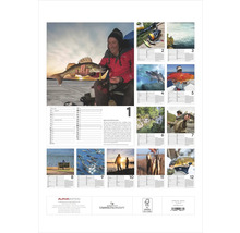 Calendrier de pêche avec des photographies de poissons et de pêcheurs.