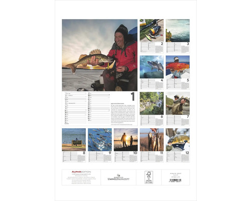 Calendrier de pêche avec des photographies de poissons et de pêcheurs.