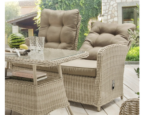 Canapé de jardin Destiny Merano II pearl shell, rotin synthétique + aluminium, dossier ajustable Salon de jardin avec table et fauteuils en rotin avec coussins