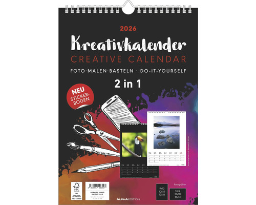 Kreativkalender für das Jahr 2026 mit dem Hinweis neuer Stickerbogen