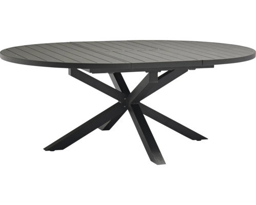 Ausziehbarer Gartentisch mit runder Tischplatte und modernem Untergestell.