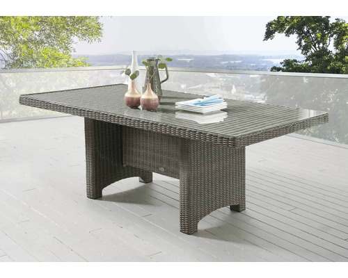 Table de jardin Destiny Luna rectangulaire 165 x 90 x 75 cm vintage gris, rotin synthétique + aluminium Table de jardin en rotin avec plateau en verre sur une terrasse