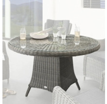 Table de jardin ronde avec plateau en verre et base tressée