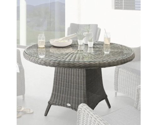 Table de jardin ronde avec plateau en verre et base tressée