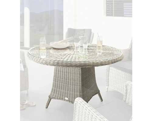 Table de jardin Destiny Luna ronde Ø 100 x 75 cm vintage blanc, rotin synthétique + aluminium Scène de jardin avec table de jardin ronde en rotin avec plateau en verre et chaises