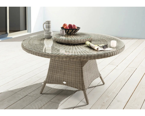 Table de jardin Destiny Luna ronde Ø 150 x 75 cm naturel chiné, rotin synthétique + aluminium, y compris plateau pivotant Table de jardin ronde avec plateau en verre et surface en rotin sur une terrasse