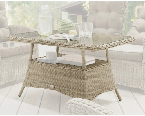 Table de jardin Destiny Merano 120 x 77 x 66 cm pearl shell, rotin synthétique + aluminium Table de jardin avec plateau en verre et espace de rangement en rotin