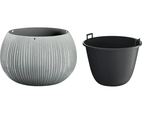 Blumentopf BETON BOWL Kunststoff Ø 37 cm H 21,8 cm beton inkl. Pflanzeinsatz Abbildung eines Pflanzgefäßes und eines Mörtelkübels